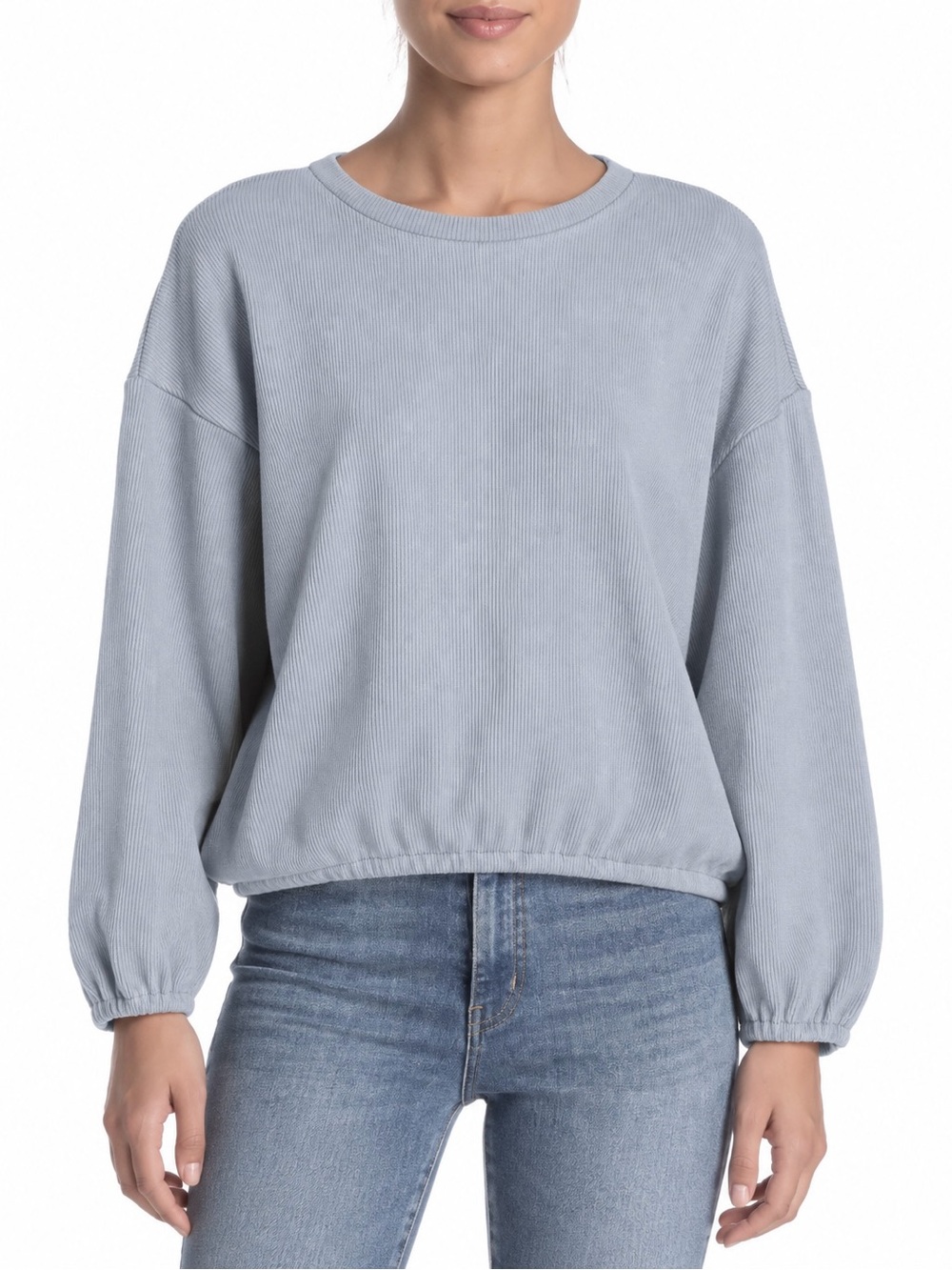 Elodie Ribbed Crewneck Bubble Hem Sweatshirt Blue Gray Long Sleeve XS